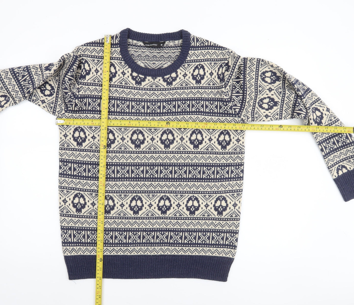 Cedar Wood State Men's Blue Skull Fair Isle Knit Jumper M