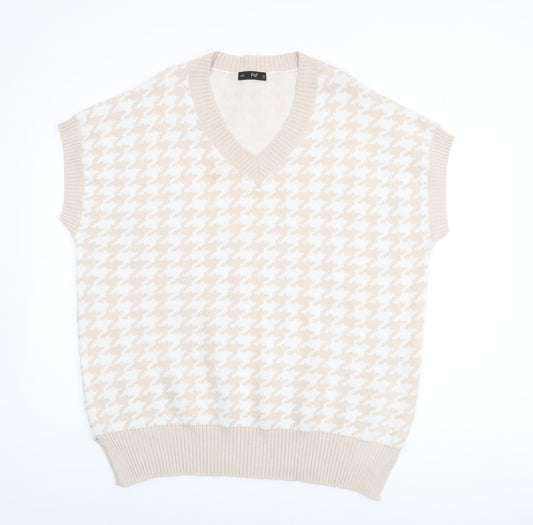 F&F Women’s Beige Houndstooth Knit Sleeveless V-Neck Vest Jumper Size L