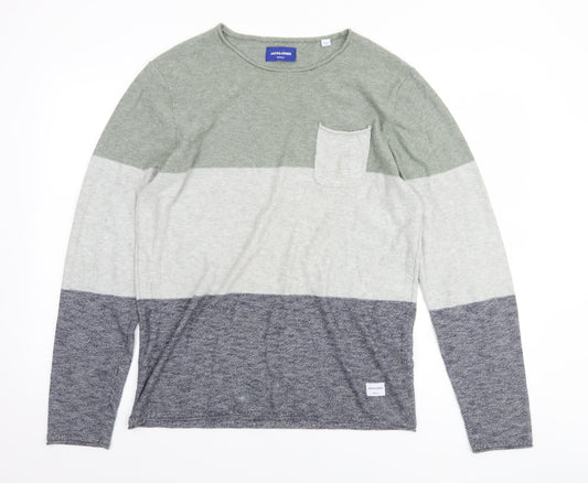 Jack & Jones Men's Multicoloured Striped Cotton Crew Neck Jumper Size M