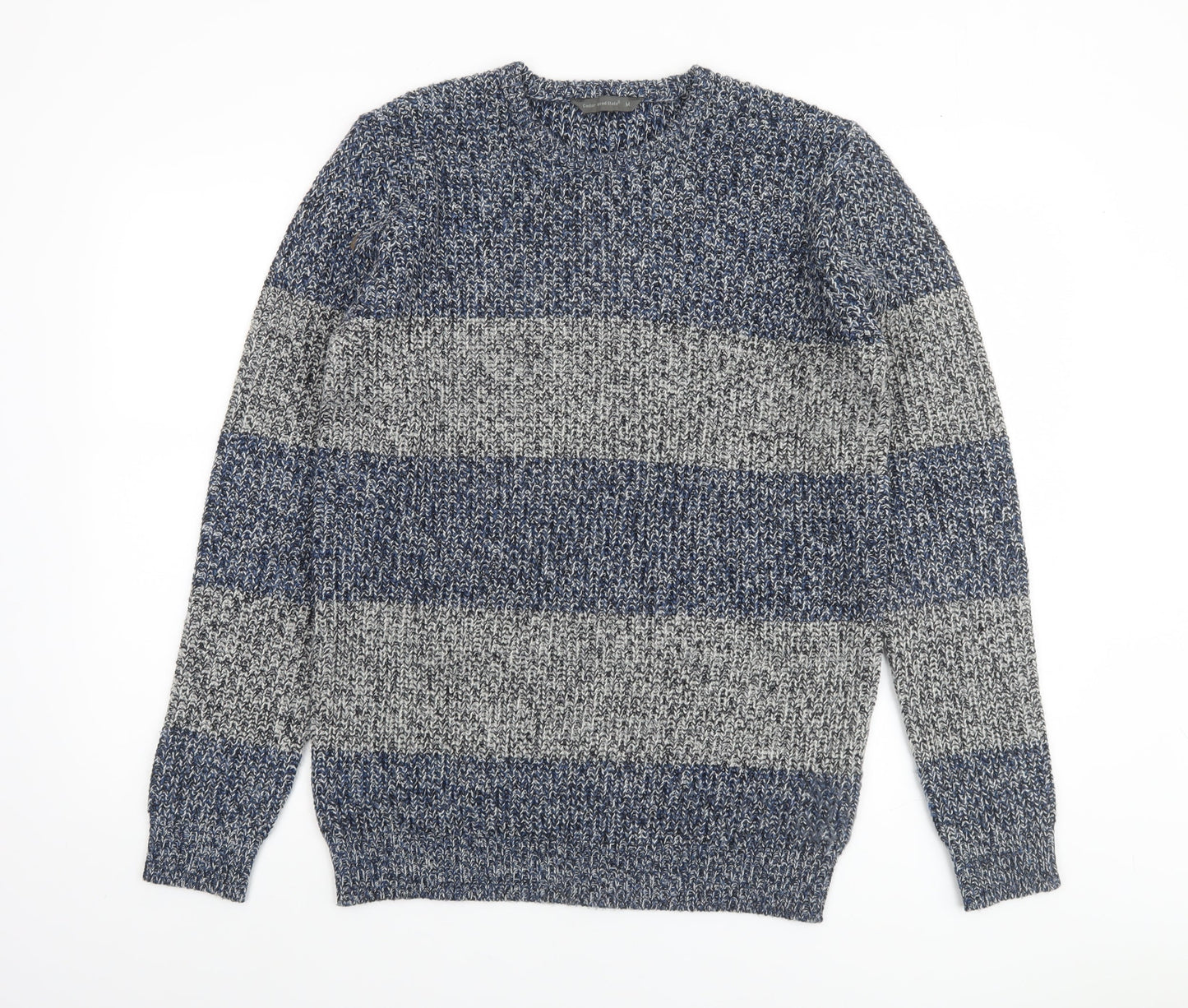 Cedar Wood State Men's Blue Striped Chunky Knit Jumper M