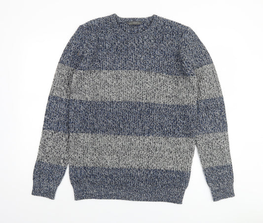 Cedar Wood State Men's Blue Striped Chunky Knit Jumper M