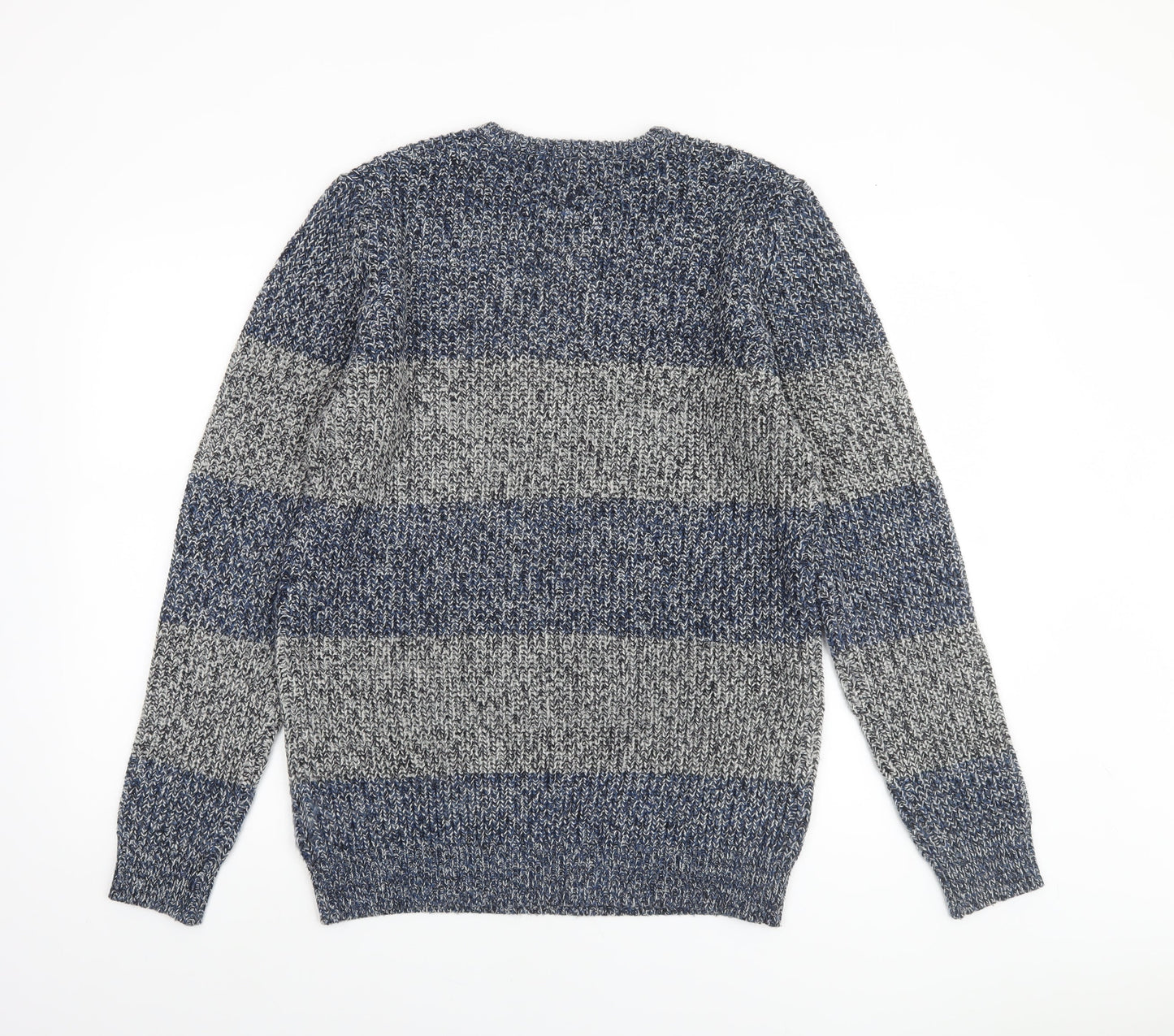 Cedar Wood State Men's Blue Striped Chunky Knit Jumper M