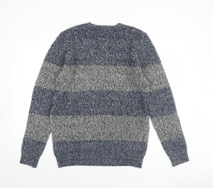 Cedar Wood State Men's Blue Striped Chunky Knit Jumper M