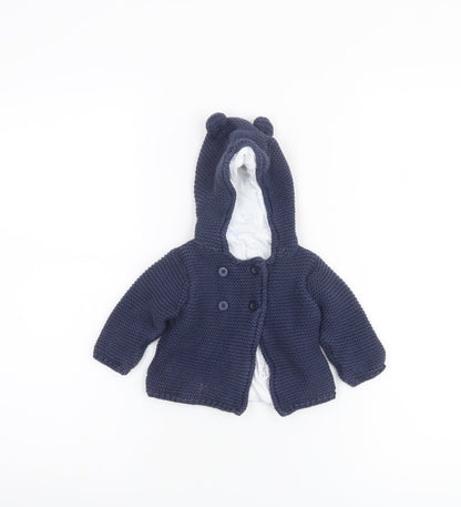 Marks and Spencer Unisex Baby Blue Hooded Knit Cardigan 0-3 Months Cotton