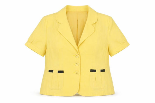 Front view of Alexara Women Yellow Linen Blend Short Sleeve Blazer, size 16