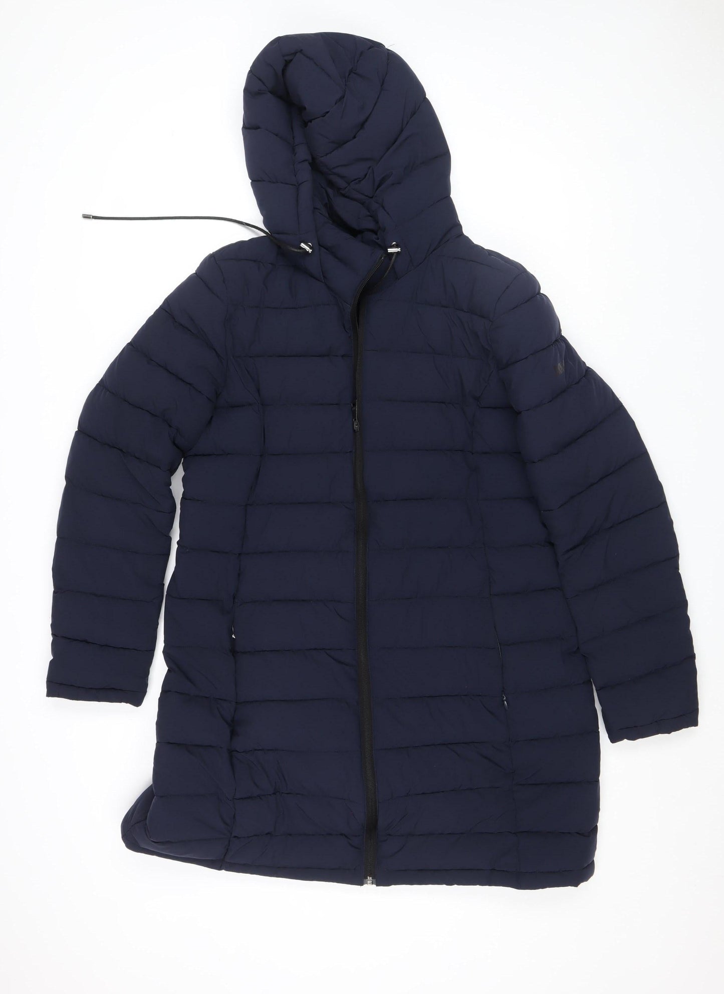 DKNY Womens Blue Long Puffer Coat L Hooded Quilted Winter Jacket