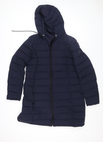 DKNY Womens Blue Long Puffer Coat L Hooded Quilted Winter Jacket