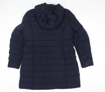 DKNY Womens Blue Long Puffer Coat L Hooded Quilted Winter Jacket