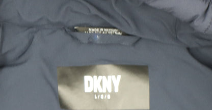 DKNY Womens Blue Long Puffer Coat L Hooded Quilted Winter Jacket