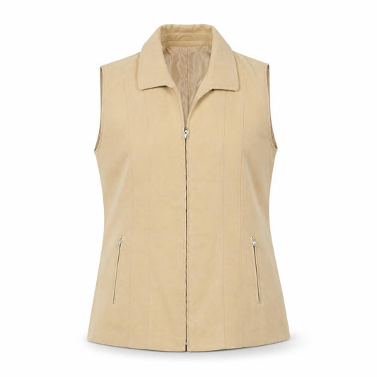 Front view of Alexara Women Beige Sleeveless Zip Waistcoat L Polyester Blend