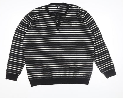 Next Men's Black Striped Henley Jumper XL Cotton Blend Long Sleeve