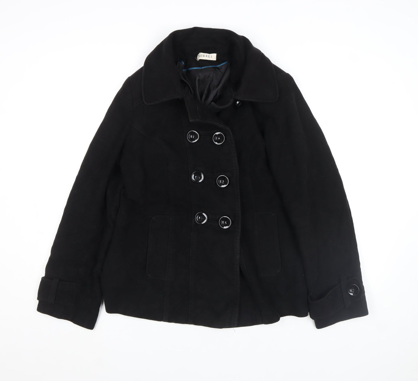 George Women's Black Pea Coat UK 14 Wool Blend Double Breasted