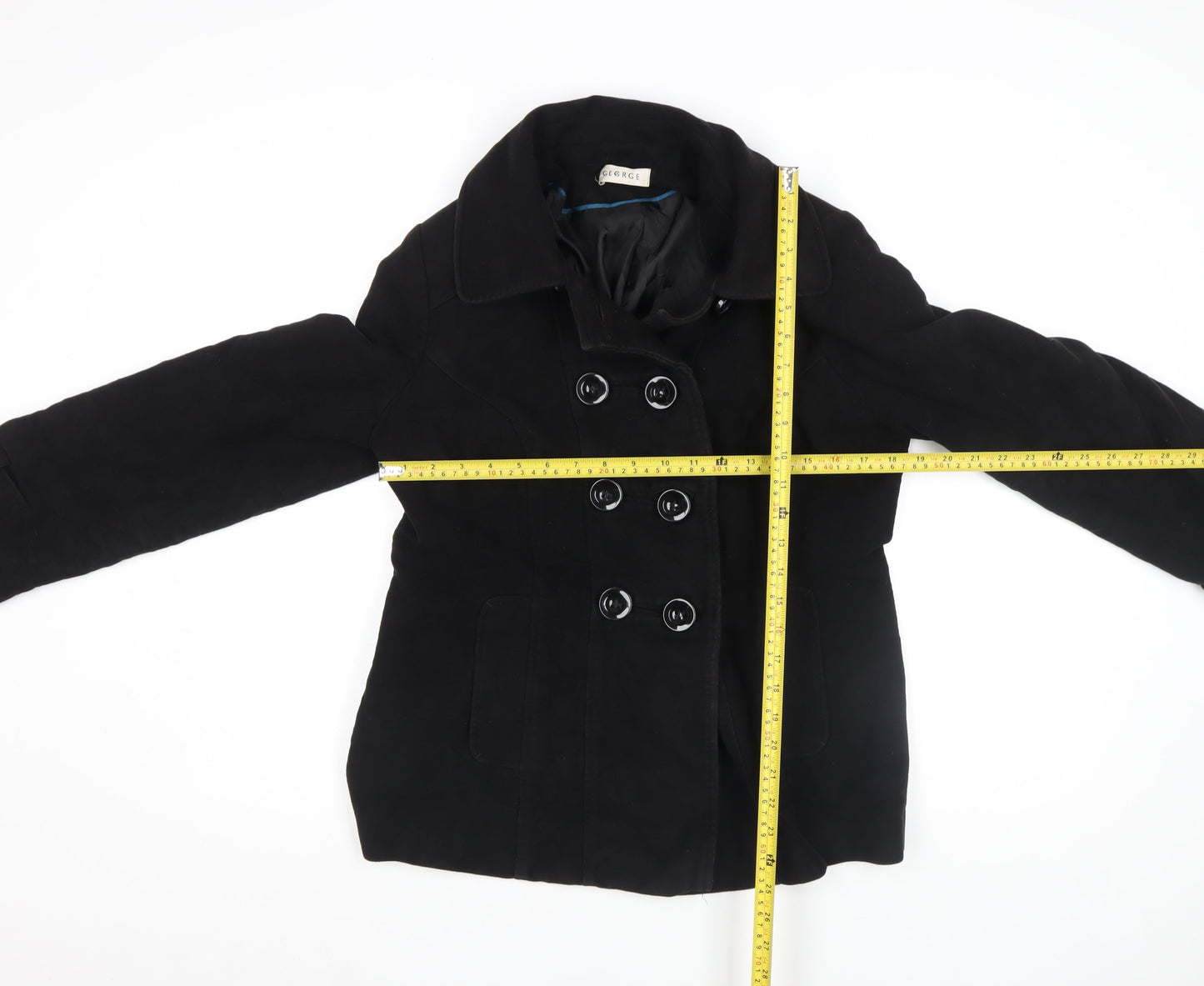 George Women's Black Pea Coat UK 14 Wool Blend Double Breasted