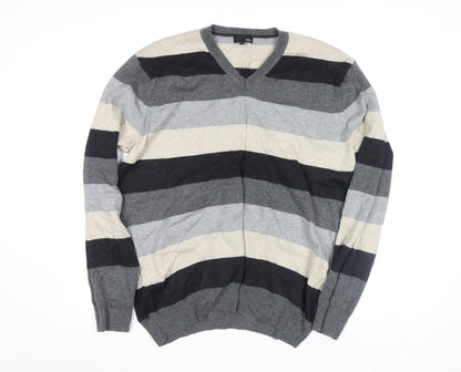 Next Men's Multicoloured L V-Neck Striped Cotton Wool Jumper