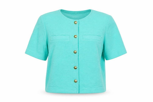 Front view of Gallery Women Green Short Sleeve Cotton Blazer, size S