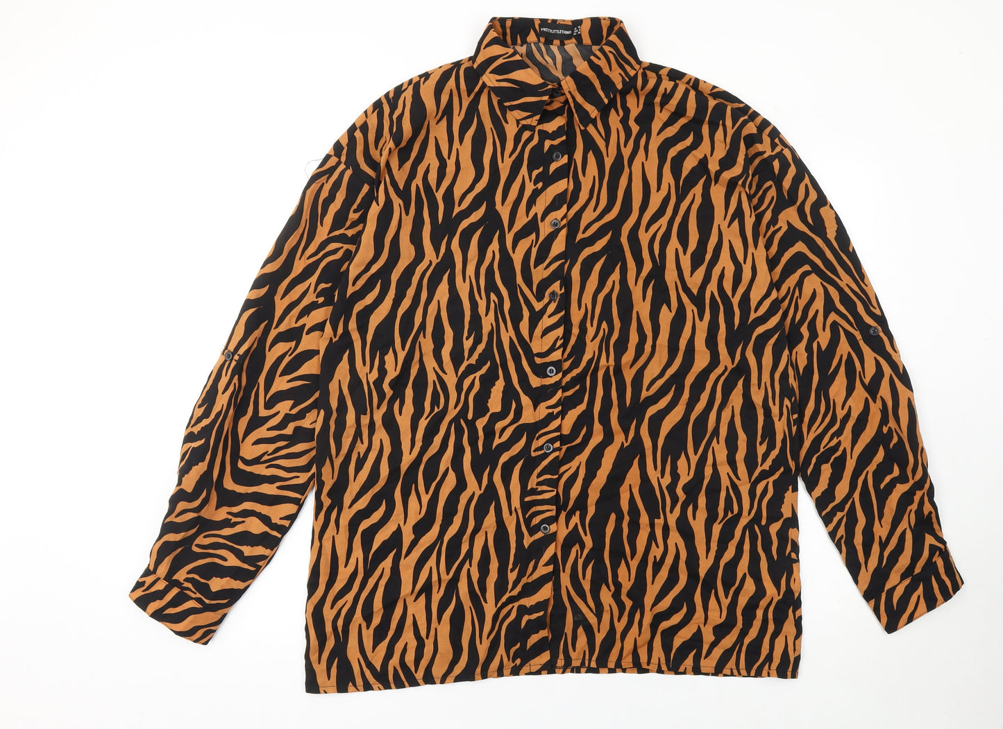 PrettyLittleThing Womens Brown Black Animal Print Long Sleeve Button-Up Shirt Size 12