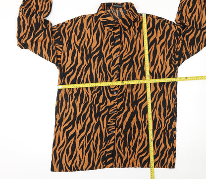 PrettyLittleThing Womens Brown Black Animal Print Long Sleeve Button-Up Shirt Size 12