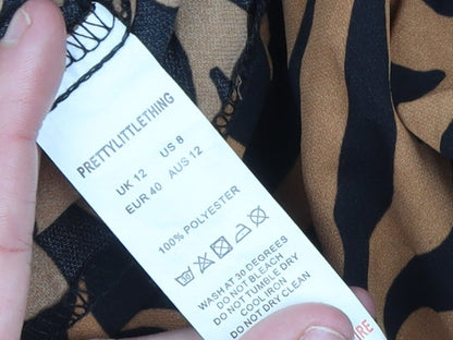 PrettyLittleThing Womens Brown Black Animal Print Long Sleeve Button-Up Shirt Size 12