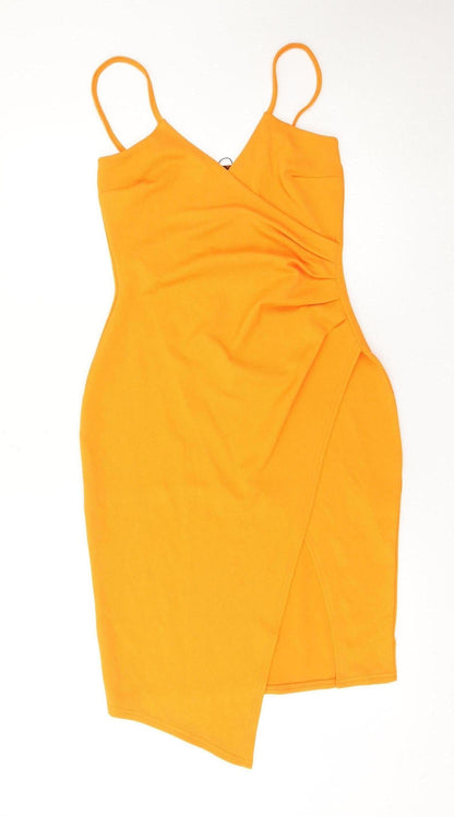PrettyLittleThing Women’s Orange Size 12 Bodycon Ruched V-Neck Dress
