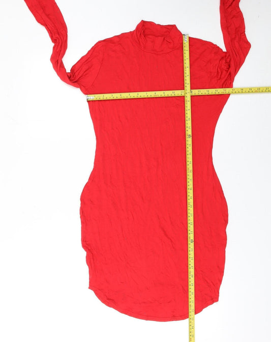 PrettyLittleThing Womens Red Bodycon Dress Size 12 High Neck Long Sleeve