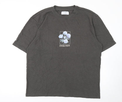 Primark Men's Black Floral Evolution T-Shirt Large Relaxed Fit