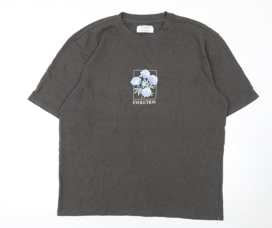 Primark Men's Black Floral Evolution T-Shirt Large Relaxed Fit