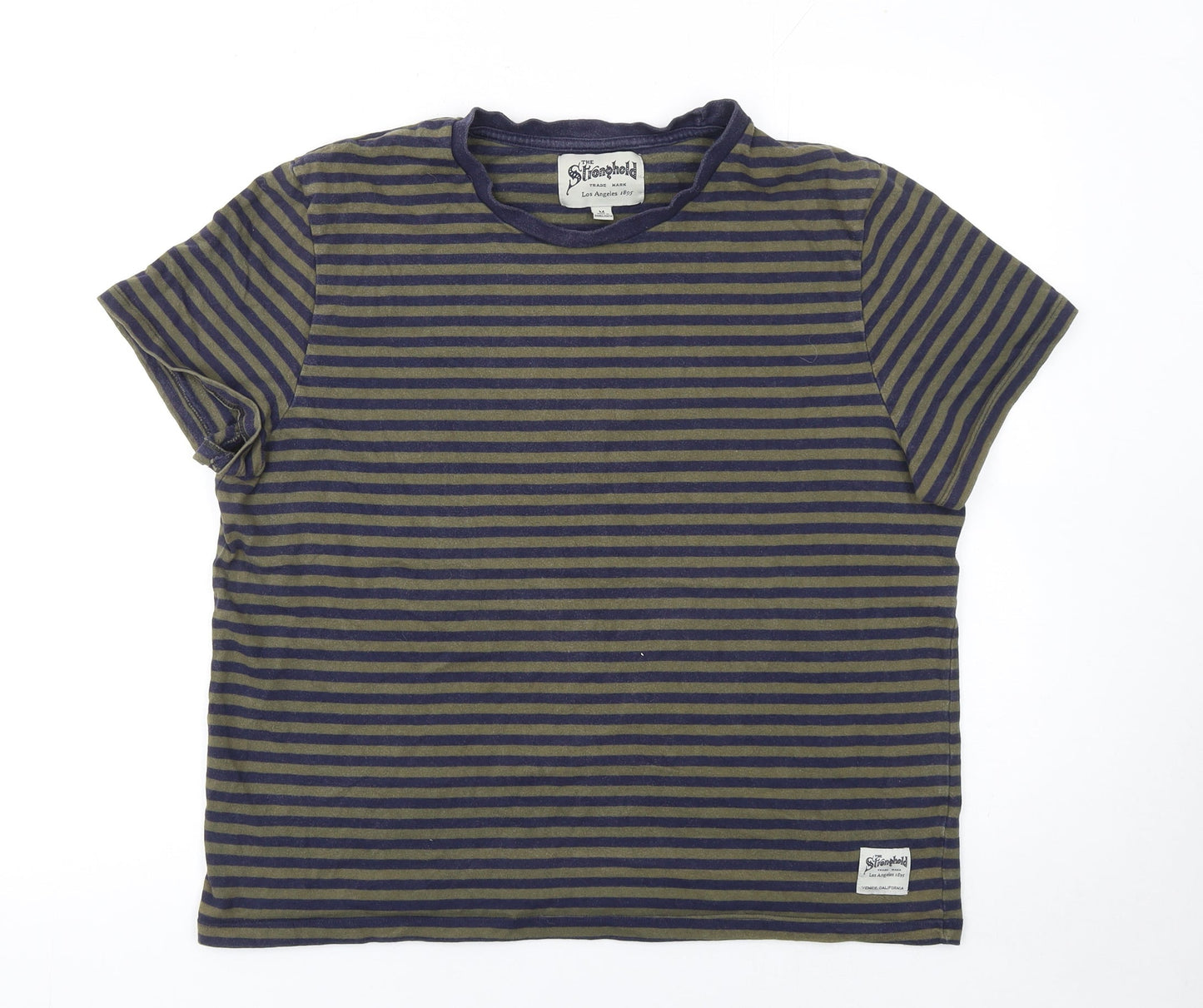 The Stronghold Men's Blue and Olive Striped Crew Neck T-Shirt Size M
