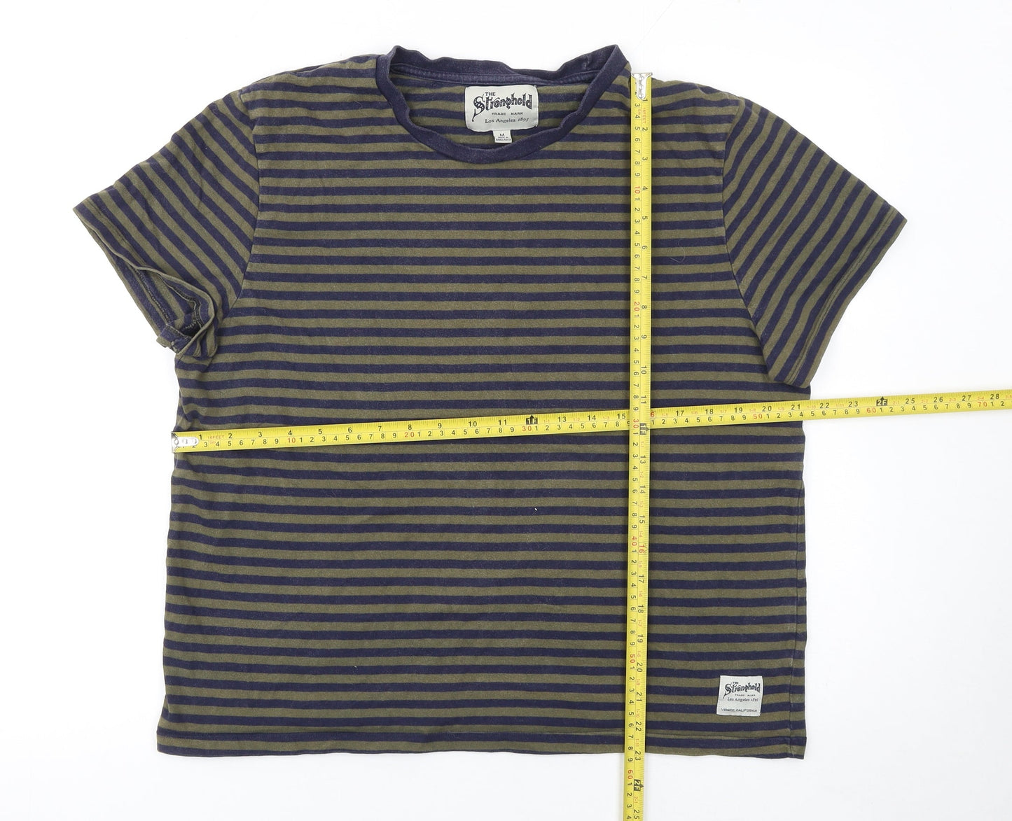 The Stronghold Men's Blue and Olive Striped Crew Neck T-Shirt Size M