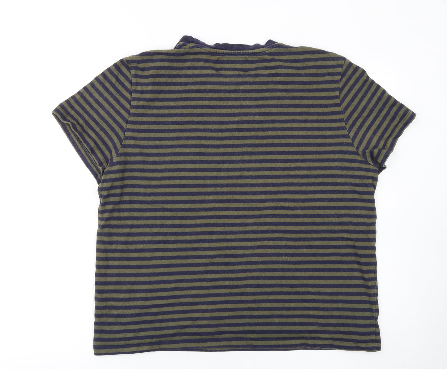The Stronghold Men's Blue and Olive Striped Crew Neck T-Shirt Size M