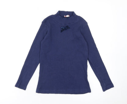 Trotters London Girls Blue Long Sleeve Ribbed Top Bow Detail 8-9 Years