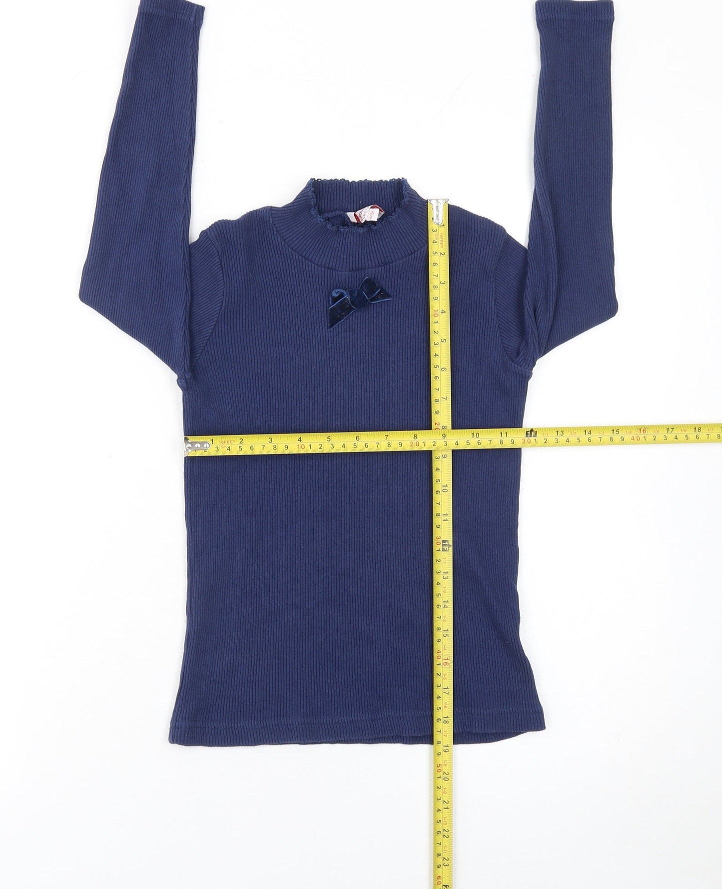Trotters London Girls Blue Long Sleeve Ribbed Top Bow Detail 8-9 Years