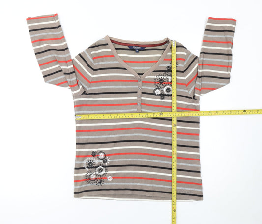 Maine New England Women’s Multicoloured Striped Cotton 3/4 Sleeve V-Neck T-Shirt Size 14