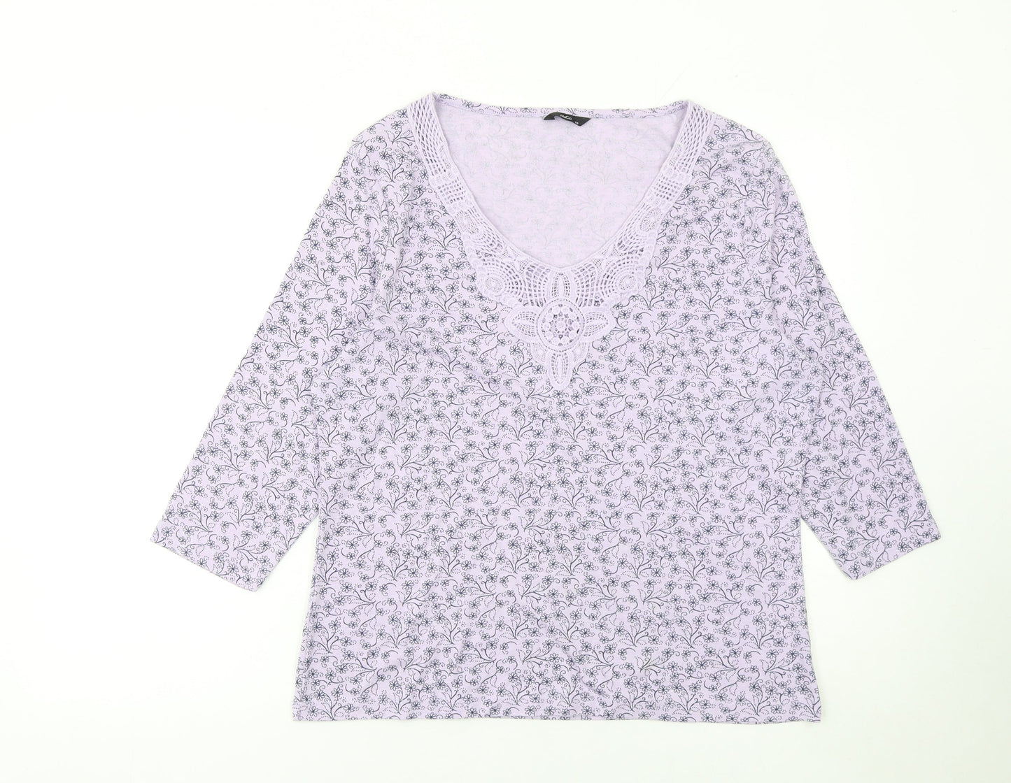 M&Co Womens Purple Floral Crochet Neck 3/4 Sleeve Tunic Top Size 20