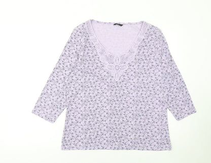 M&Co Womens Purple Floral Crochet Neck 3/4 Sleeve Tunic Top Size 20