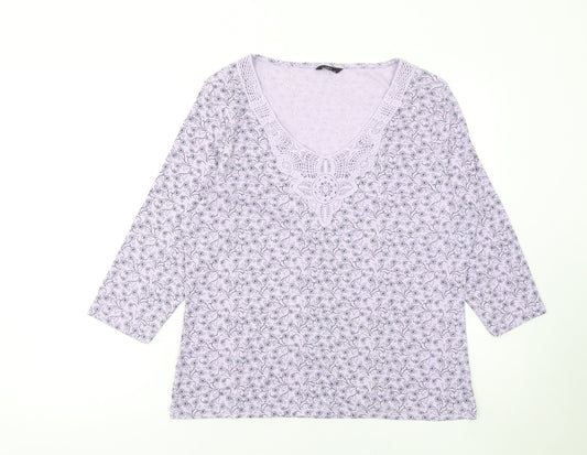 M&Co Womens Purple Floral Crochet Neck 3/4 Sleeve Tunic Top Size 20