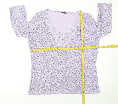 M&Co Womens Purple Floral Crochet Neck 3/4 Sleeve Tunic Top Size 20