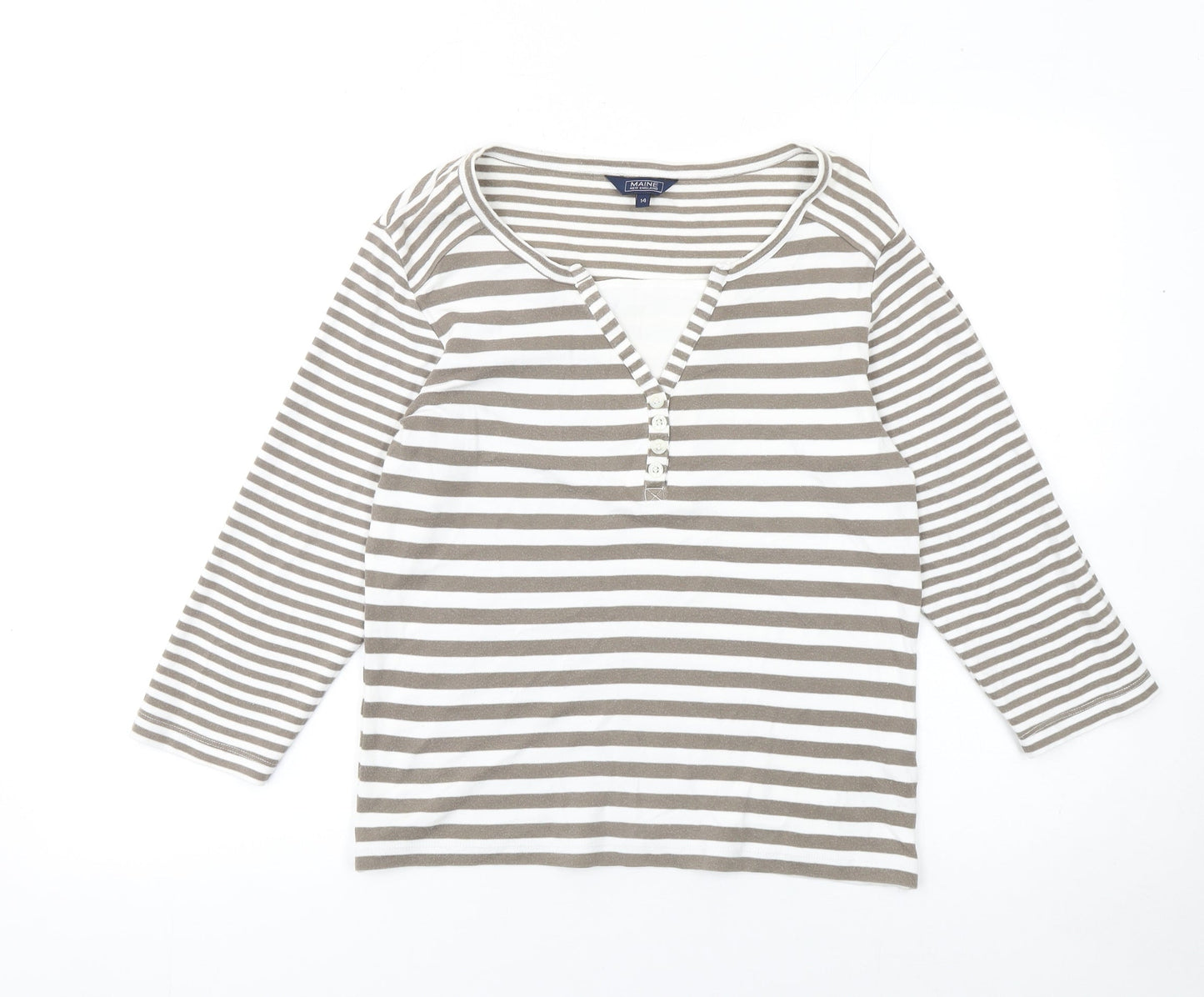 Maine New England Women’s Brown Striped Henley Top Size 14
