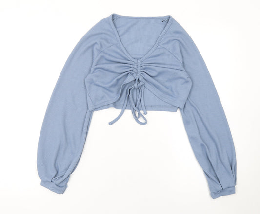 SHEIN Women Blue Cropped V-Neck Ruched Long Sleeve Blouse Top Size S
