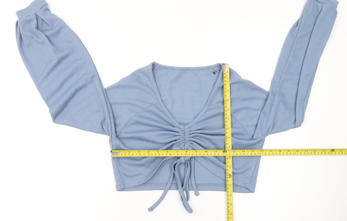 SHEIN Women Blue Cropped V-Neck Ruched Long Sleeve Blouse Top Size S