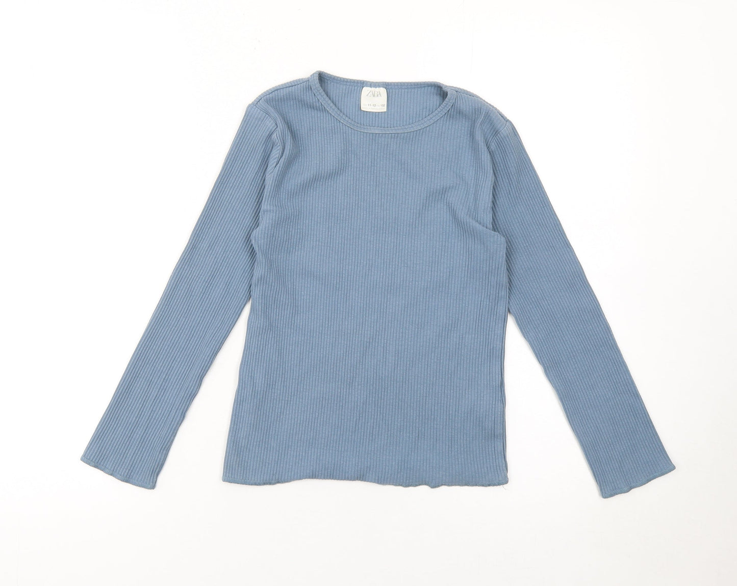 Zara Girls Blue Ribbed Long Sleeve Cotton T-Shirt 11-12 Years Slim Fit