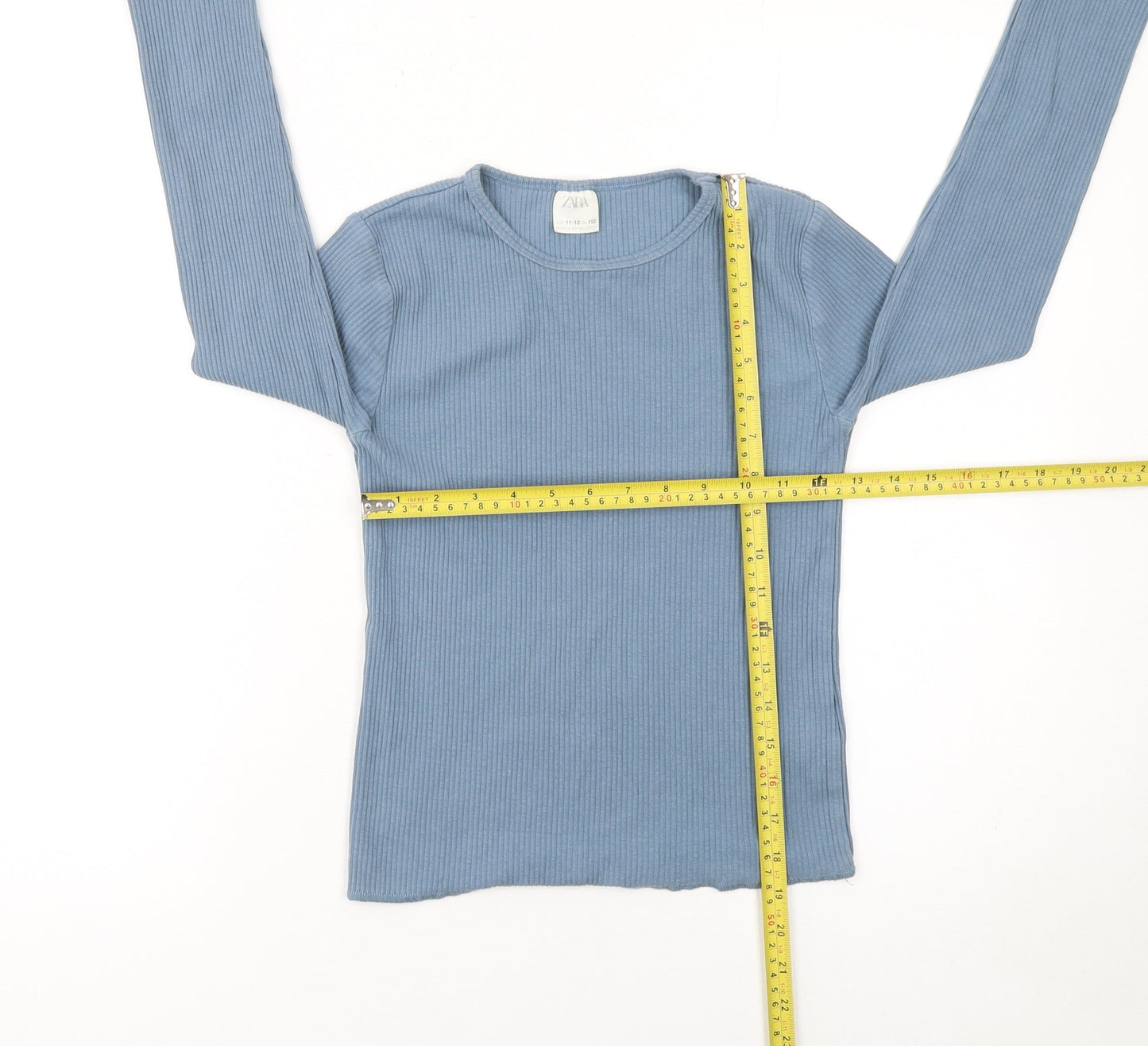 Zara Girls Blue Ribbed Long Sleeve Cotton T-Shirt 11-12 Years Slim Fit