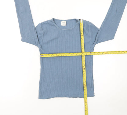 Zara Girls Blue Ribbed Long Sleeve Cotton T-Shirt 11-12 Years Slim Fit