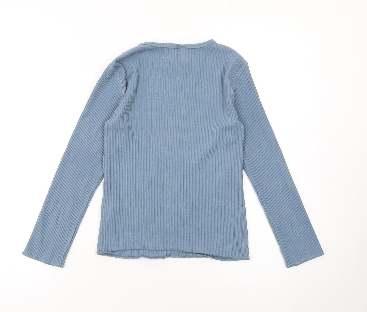 Zara Girls Blue Ribbed Long Sleeve Cotton T-Shirt 11-12 Years Slim Fit