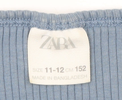 Zara Girls Blue Ribbed Long Sleeve Cotton T-Shirt 11-12 Years Slim Fit