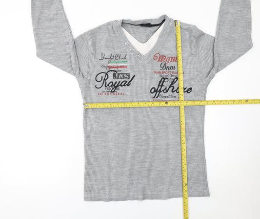 MEGAMAN Mens Grey Henley Knit Jumper M Long Sleeve Sport Style