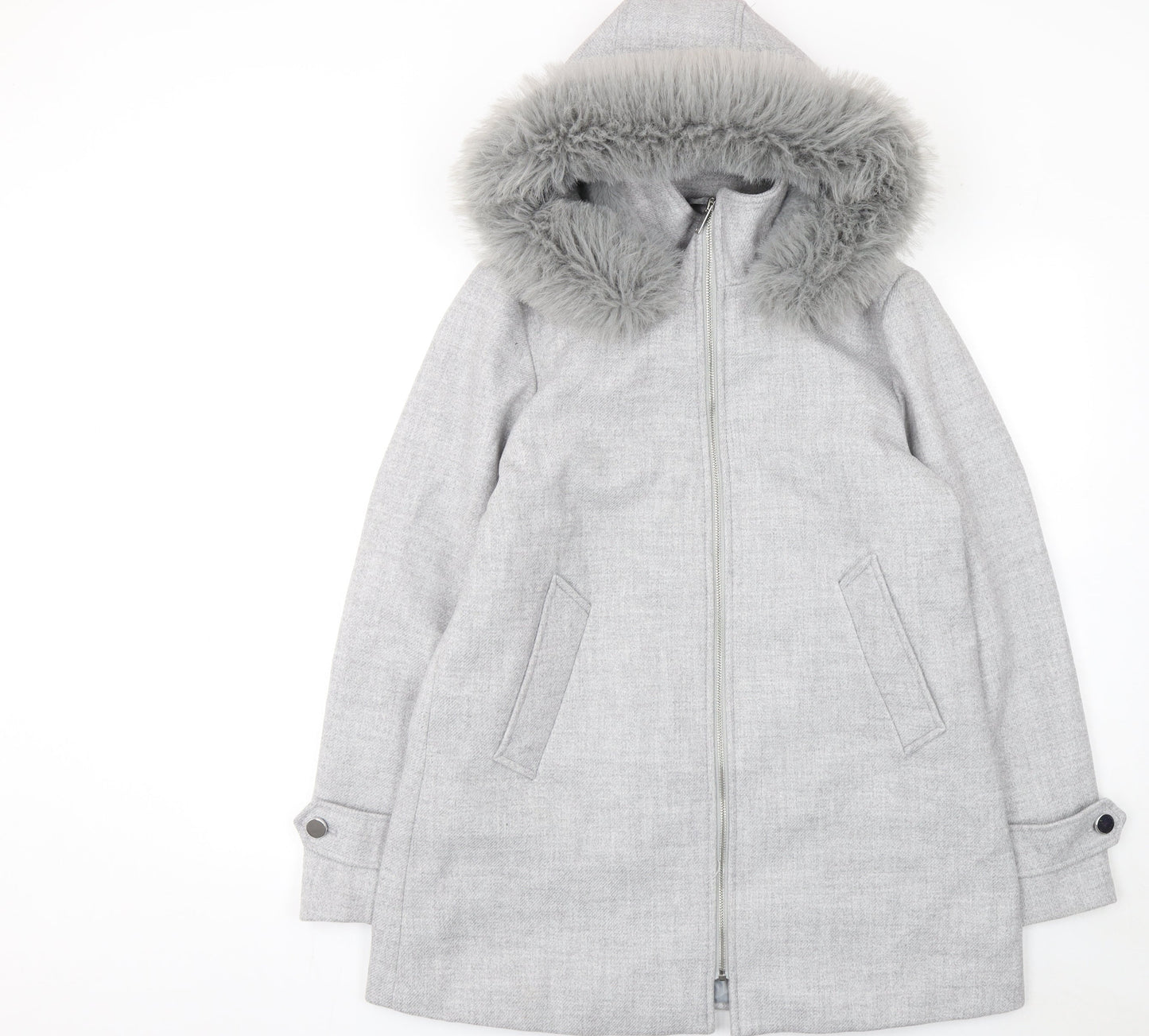 Primark Women’s Grey Parka Coat Size 12 Hooded Faux Fur Trim Winter