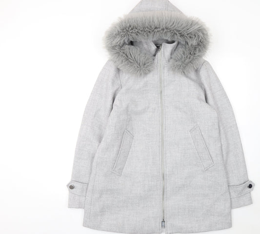 Primark Women’s Grey Parka Coat Size 12 Hooded Faux Fur Trim Winter