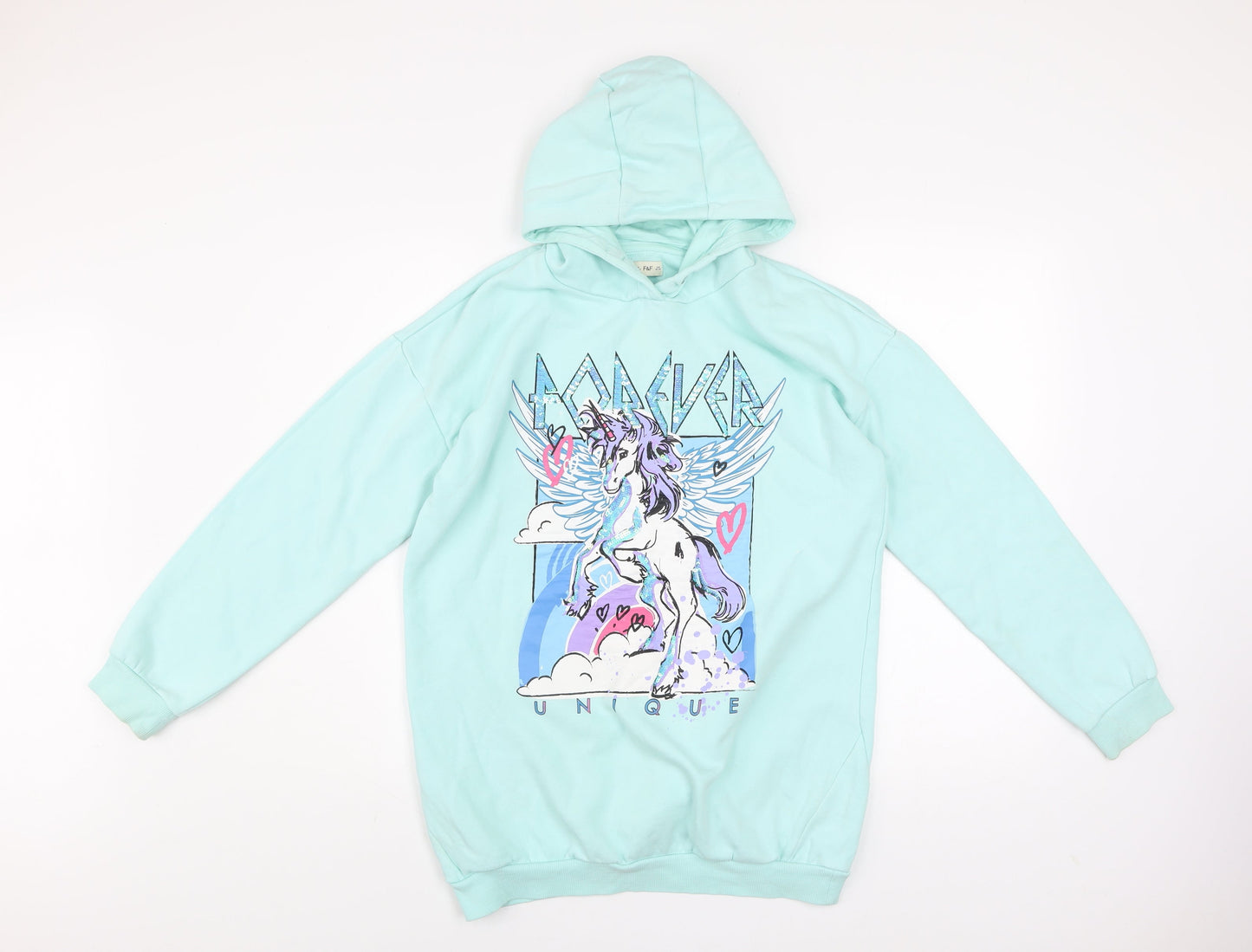 F&F Girls Blue Sequin Unicorn Pullover Hoodie 13-14 Years