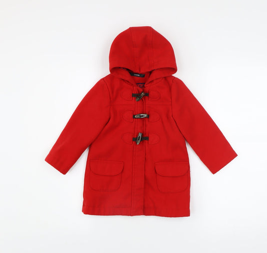 George Girls Red Hooded Duffle Coat 2-3 Years Toggle Fastening Winter Jacket