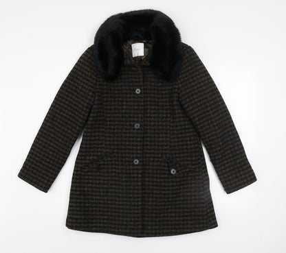 Next Girls Brown Houndstooth Faux Fur Collar Wool Blend Coat 12 Years